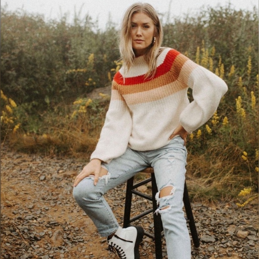 Vestique Cream Sweater with Red and Tan Stripes